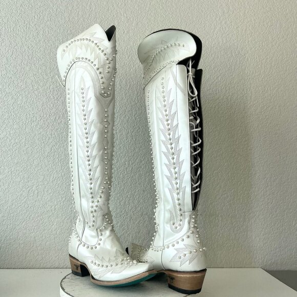 Lane LEXINGTON Over The Knee Womens Cowboy Boots 7.5 White Western Cowgirl Bride - Picture 1 of 11